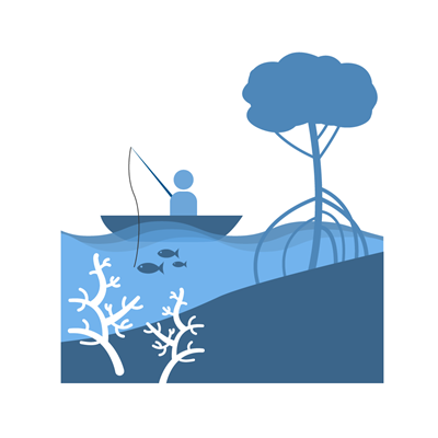 Icon showing a landscape of someone fishing with a mangrove tree and coral