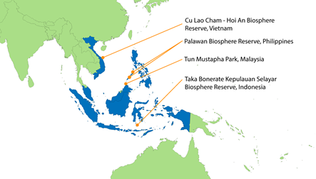 Map showing SE Asia indicating the four case study sites