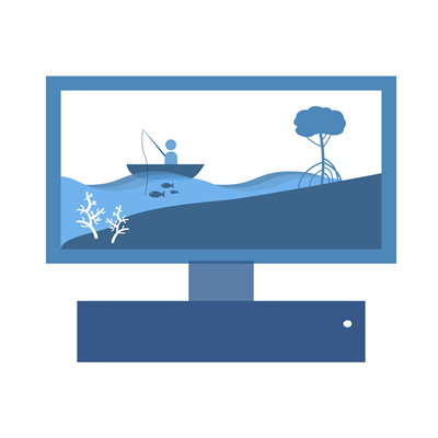 Icon showing a computer screen with a landscape of someone fishing with a mangrove tree and coral